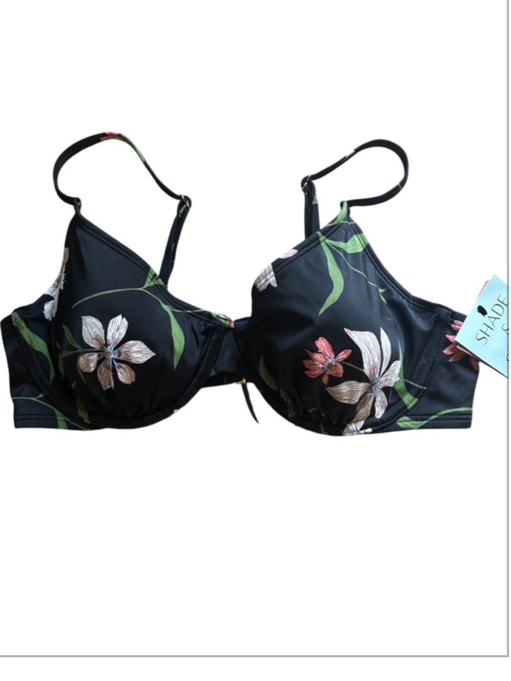 Shade & Shore Black Floral Underwire Bikini Top with Green Leaves NWT